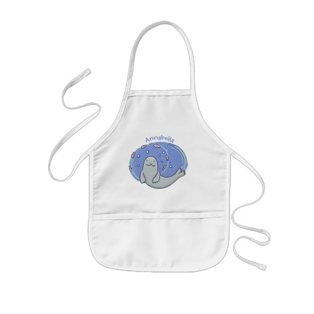 Cute happy seal and fish blue cartoon illustration kids' apron (Front)