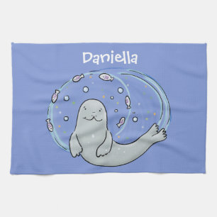 Cute happy seal and fish blue cartoon illustration kitchen towel