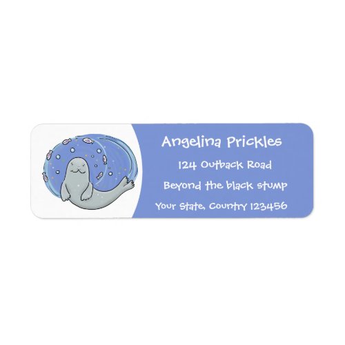 Cute happy seal and fish blue cartoon illustration label