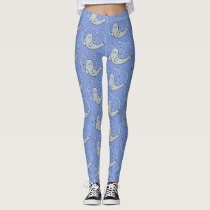 Cute happy seal and fish blue cartoon illustration leggings