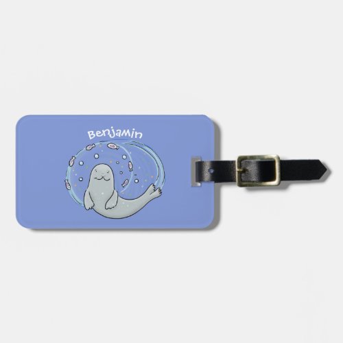 Cute happy seal and fish blue cartoon illustration luggage tag