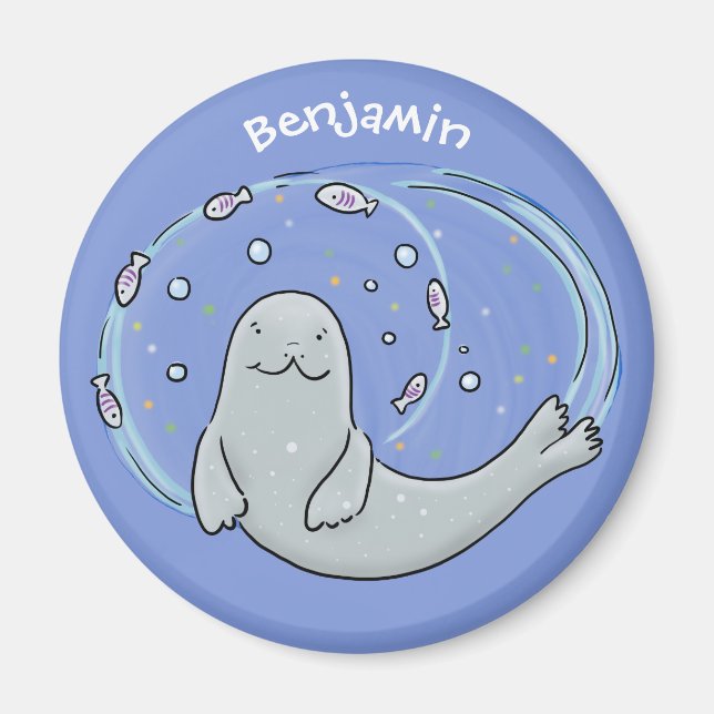 Cute happy seal and fish blue cartoon illustration magnet (Front)