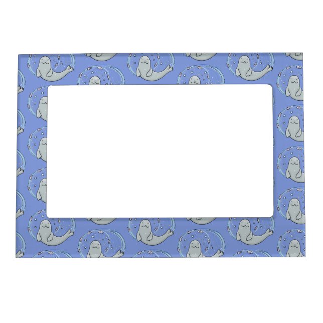 Cute happy seal and fish blue cartoon illustration magnetic frame (Front)