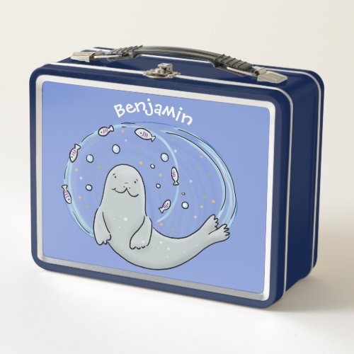 Cute happy seal and fish blue cartoon illustration metal lunch box