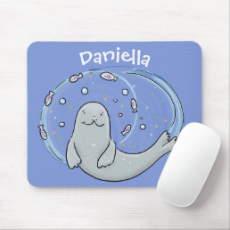 Cute happy seal and fish blue cartoon illustration mouse pad