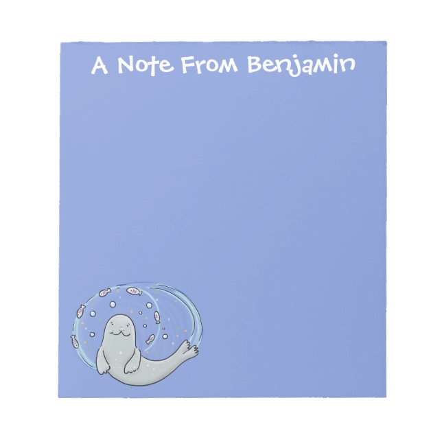 Cute happy seal and fish blue cartoon illustration notepad (Front)