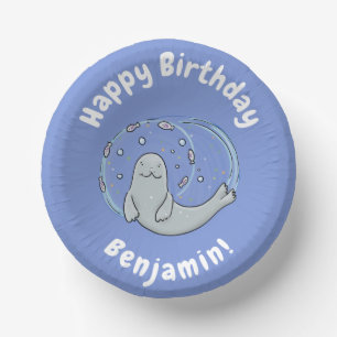 Cute happy seal and fish blue cartoon illustration paper bowls