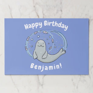 Cute happy seal and fish blue cartoon illustration paper pad