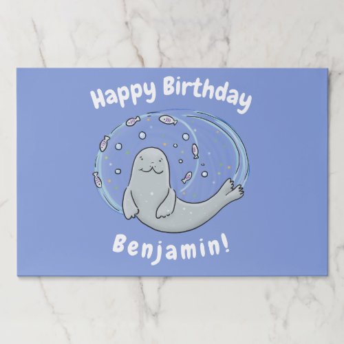 Cute happy seal and fish blue cartoon illustration paper pad