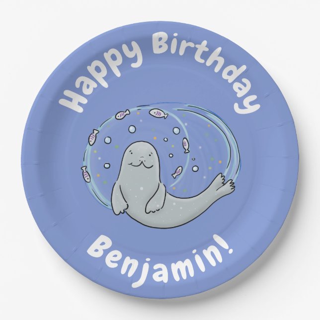 Cute happy seal and fish blue cartoon illustration paper plates (Front)