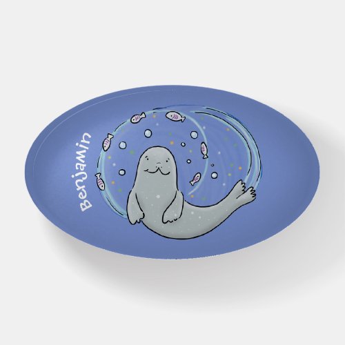 Cute happy seal and fish blue cartoon illustration paperweight