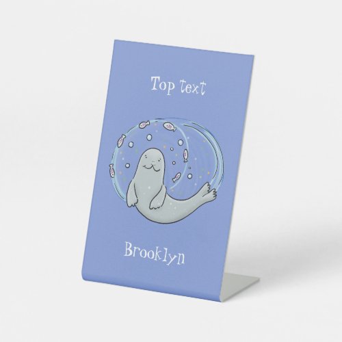 Cute happy seal and fish blue cartoon illustration pedestal sign