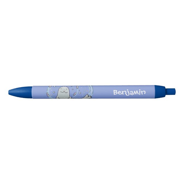 Cute happy seal and fish blue cartoon illustration pen (Front)