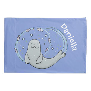 Cute happy seal and fish blue cartoon illustration pillow case