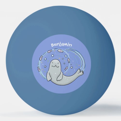 Cute happy seal and fish blue cartoon illustration ping pong ball