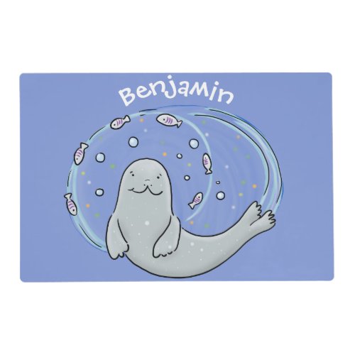 Cute happy seal and fish blue cartoon illustration placemat