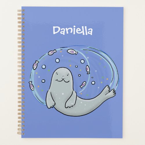 Cute happy seal and fish blue cartoon illustration planner