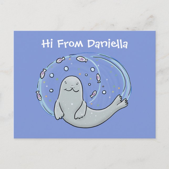Cute happy seal and fish blue cartoon illustration postcard (Front)