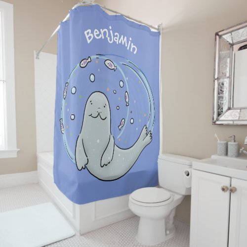 Cute happy seal and fish blue cartoon illustration shower curtain