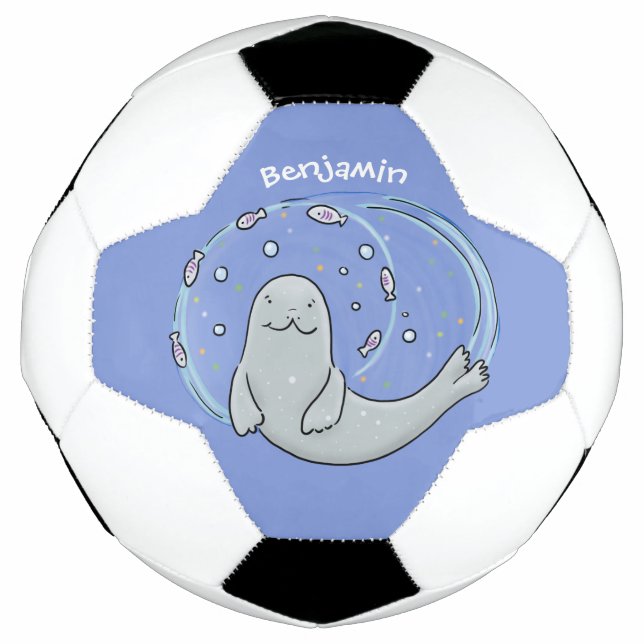 Cute happy seal and fish blue cartoon illustration soccer ball (Front)