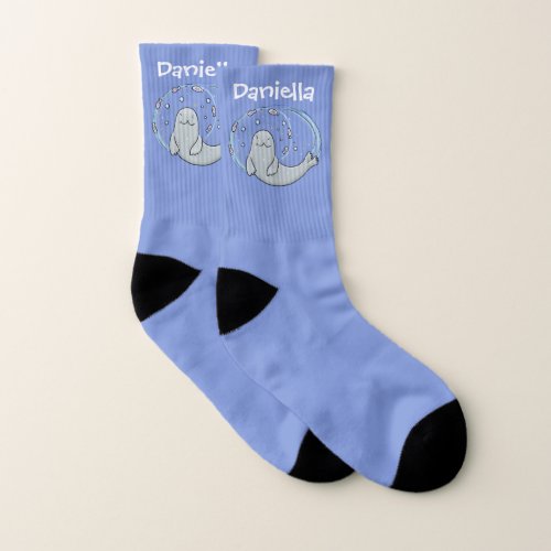 Cute happy seal and fish blue cartoon illustration socks