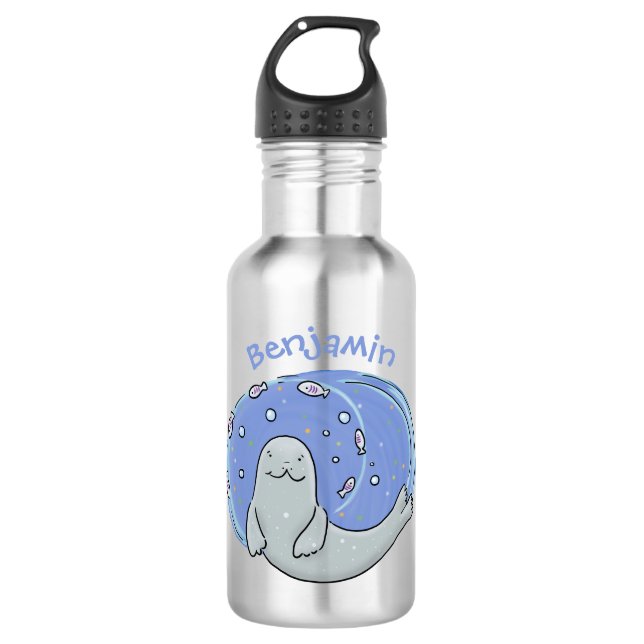 Cute happy seal and fish blue cartoon illustration stainless steel water bottle (Front)