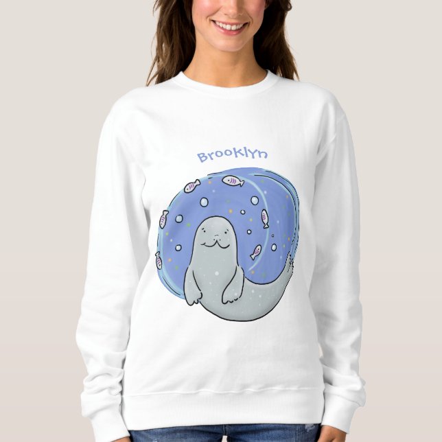 Cute happy seal and fish blue cartoon illustration sweatshirt (Front)