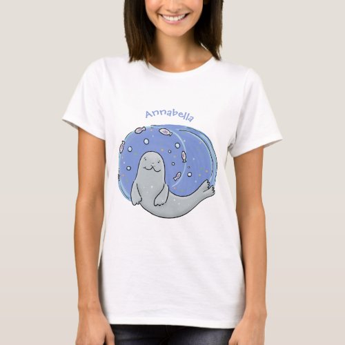 Cute happy seal and fish blue cartoon illustration T_Shirt