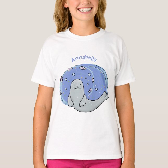 Cute happy seal and fish blue cartoon illustration T-Shirt (Front)