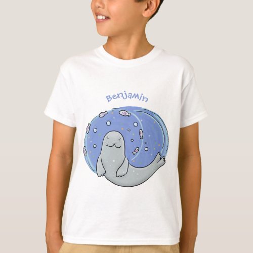 Cute happy seal and fish blue cartoon illustration T_Shirt