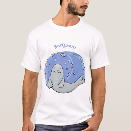 Cute happy seal and fish blue cartoon illustration T_Shirt