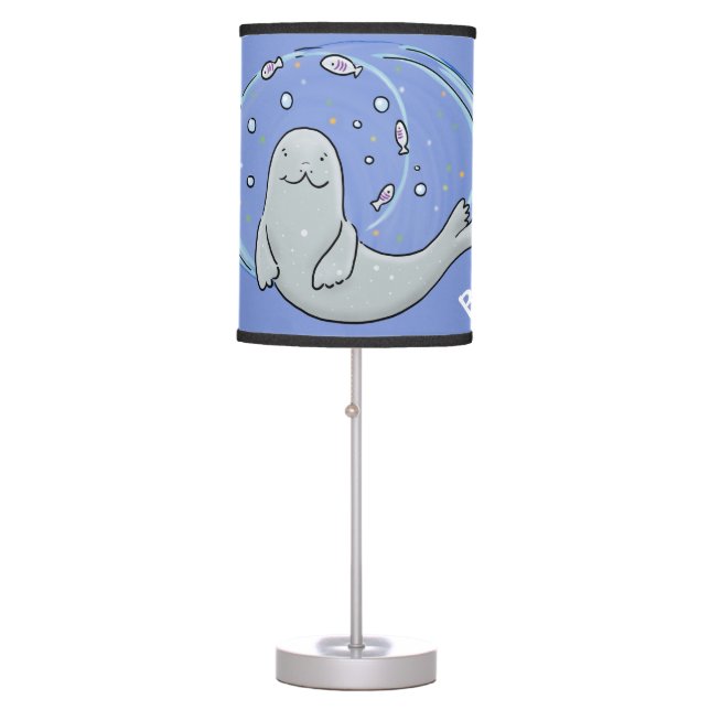 Cute happy seal and fish blue cartoon illustration table lamp (Front)