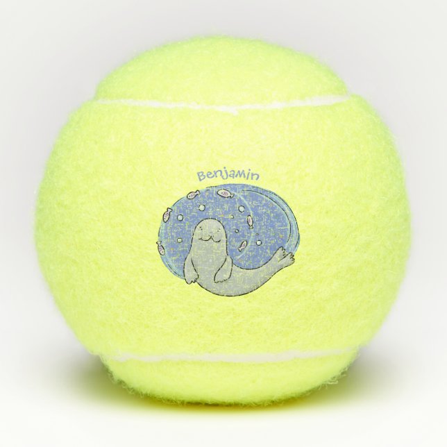 Cute happy seal and fish blue cartoon illustration tennis balls (Front)
