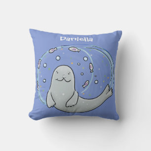 Cute happy seal and fish blue cartoon illustration throw pillow