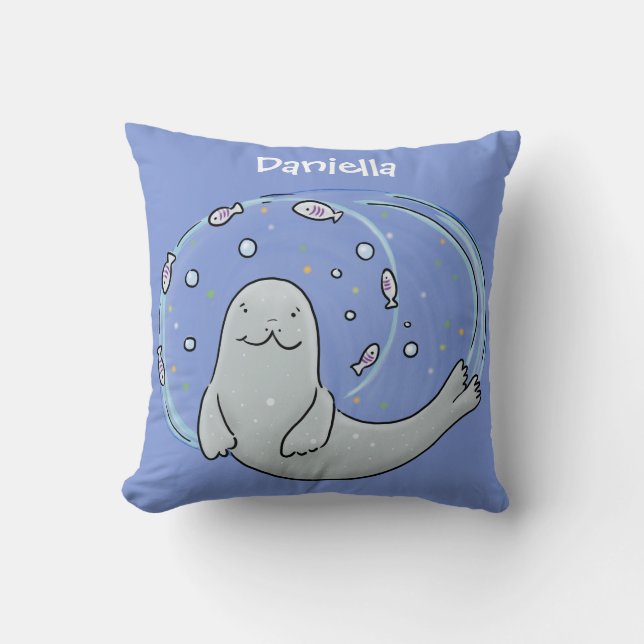 Cute happy seal and fish blue cartoon illustration throw pillow (Front)