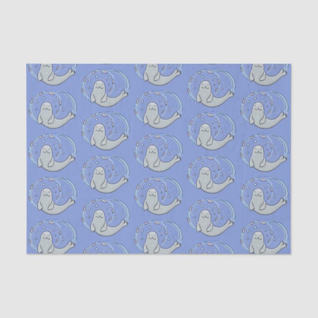 Cute happy seal and fish blue cartoon illustration tissue paper (Front)