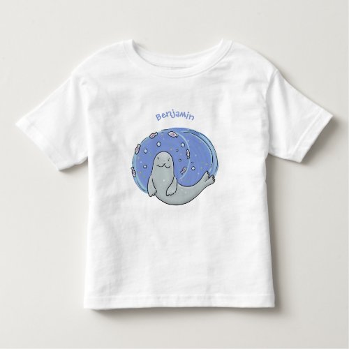 Cute happy seal and fish blue cartoon illustration toddler t_shirt