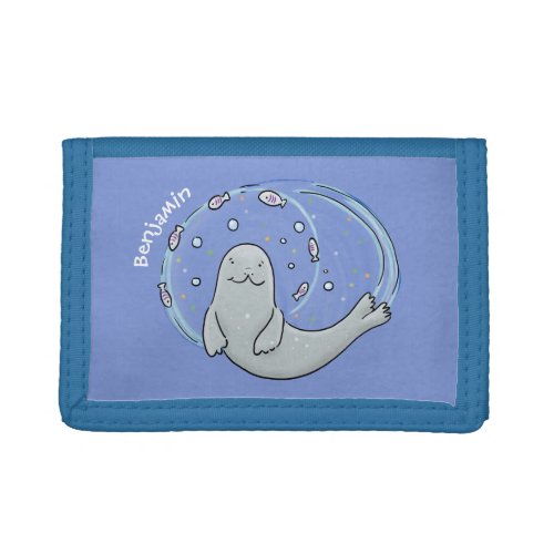Cute happy seal and fish blue cartoon illustration trifold wallet