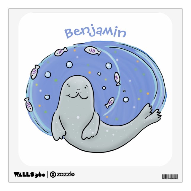 Cute happy seal and fish blue cartoon illustration wall decal (Front)