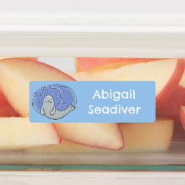 Cute happy seal and fish blue cartoon personalized labels