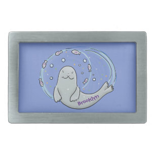 Cute happy seal and fish cartoon illustration belt buckle