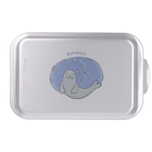 Cute happy seal and fish cartoon illustration cake pan