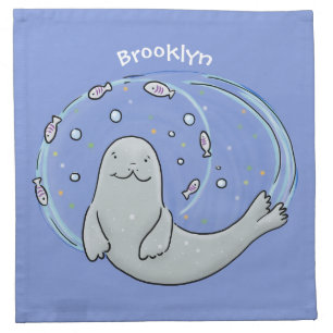 Cute happy seal and fish cartoon illustration cloth napkin