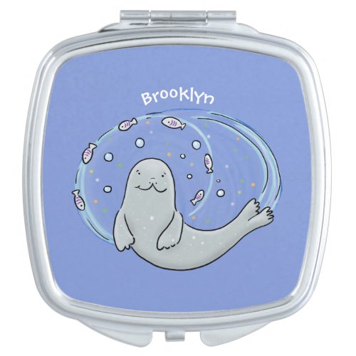 Cute happy seal and fish cartoon illustration compact mirror