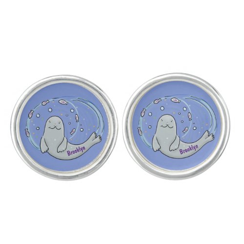 Cute happy seal and fish cartoon illustration cufflinks
