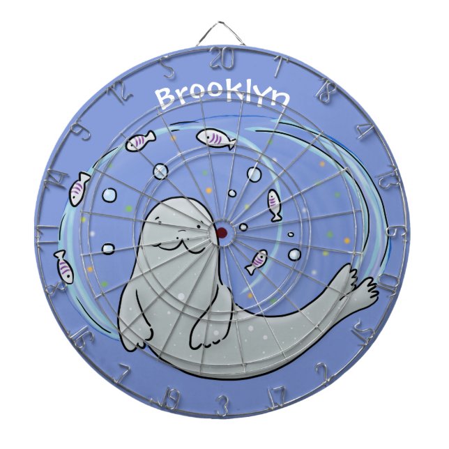 Cute happy seal and fish cartoon illustration dart board (Front)