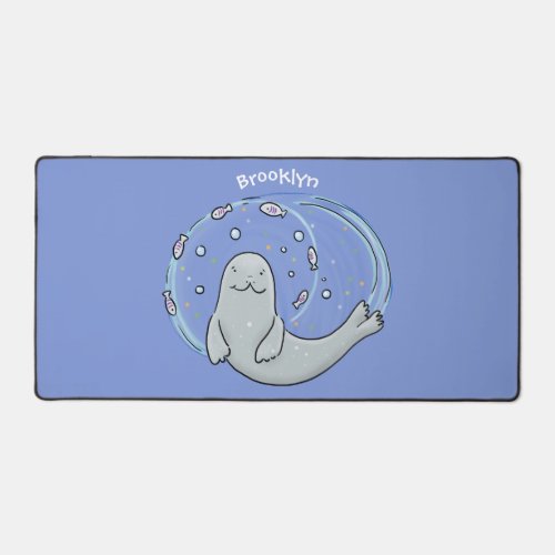 Cute happy seal and fish cartoon illustration desk mat