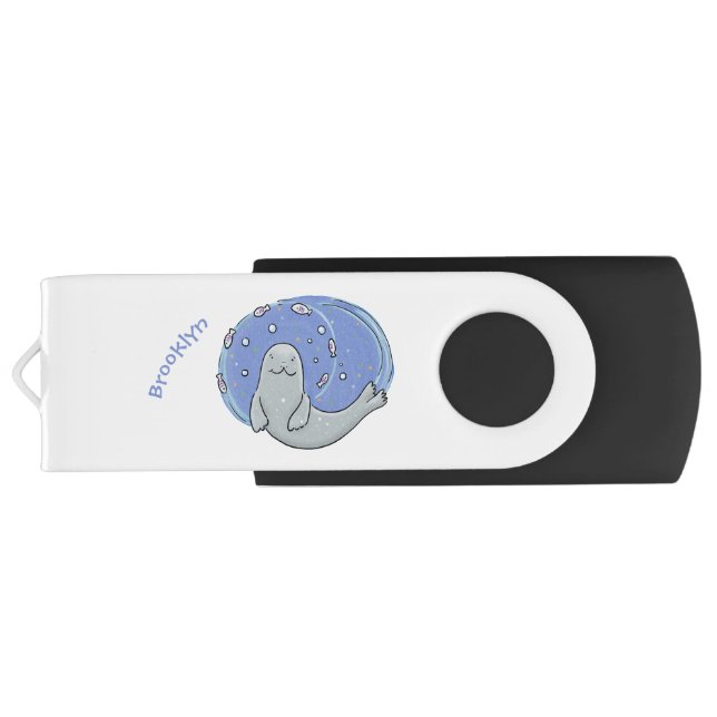 Cute happy seal and fish cartoon illustration  flash drive (Back)