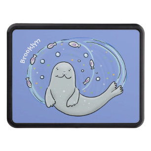 Cute happy seal and fish cartoon illustration hitch cover