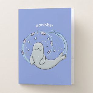 Cute happy seal and fish cartoon illustration pocket folder